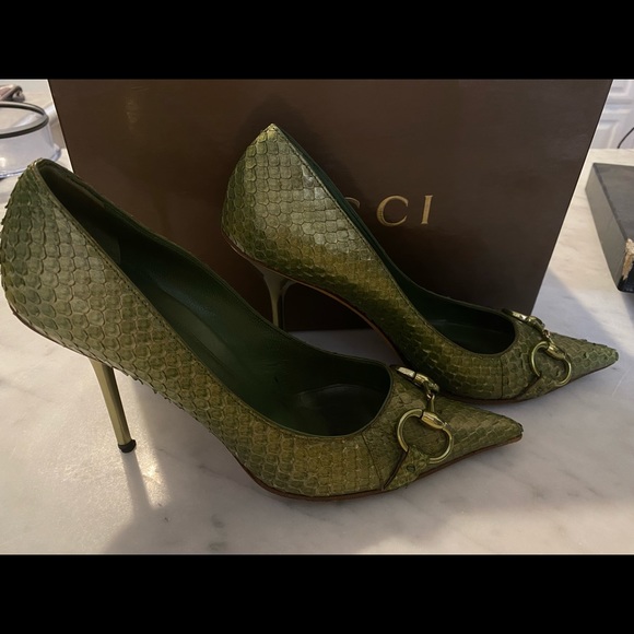 GUCCI HORSEBIT PUMPS 9 pointy green snakeskin reptile silver - Picture 4 of 4